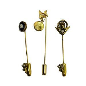 Lapel Pin Set Of 3 Vintage Women's Gold Tone Cupid Mini Cameo Floral Tiny Locket
